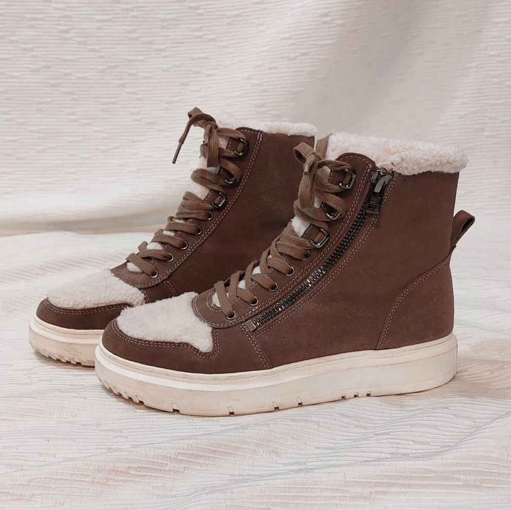 DKNY Brown Faux Shearling-Trim High-Top Sneakers Size 11